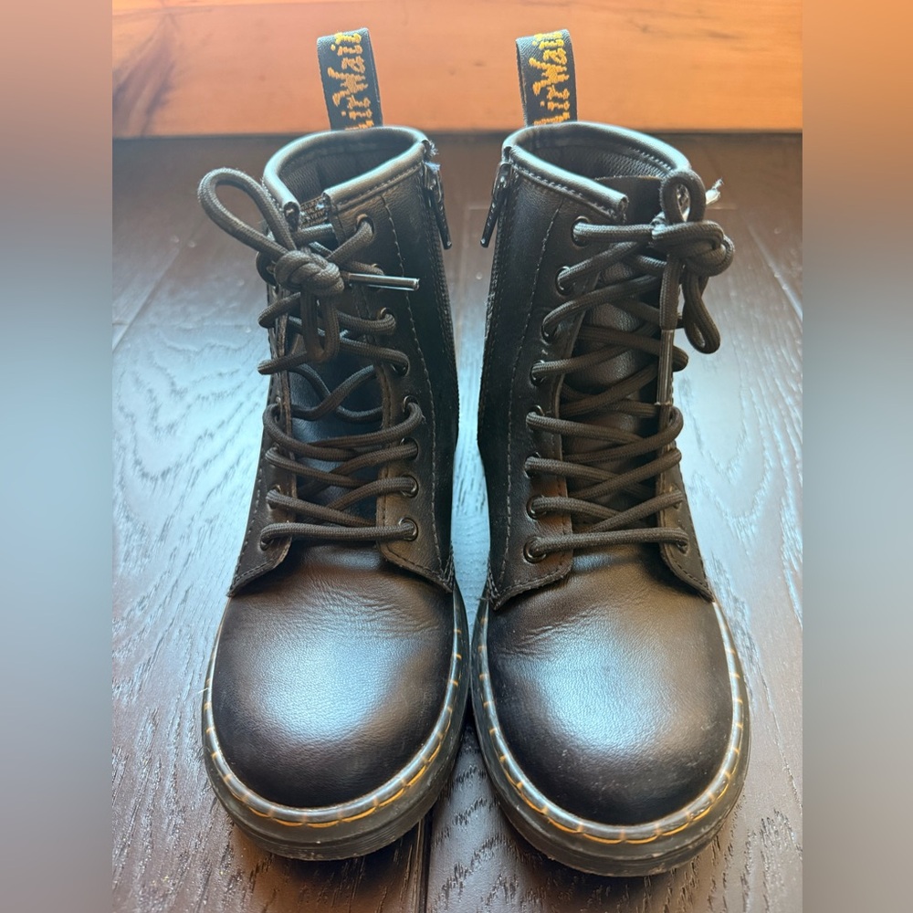 Dr. Martens Black Leather Boots with Yellow Stitching